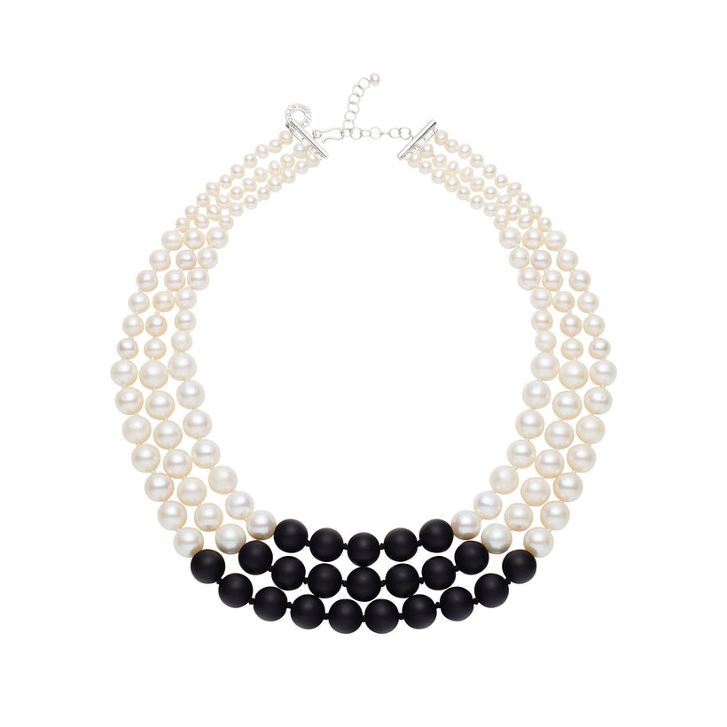STG SILVER PEARL & ONYX TRIBELLA NECKLACE
