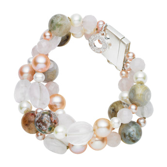 STERLING SILVER, PEARL, ROSE QUARTZ & JASPER PRETTY IN PINK BRACELET