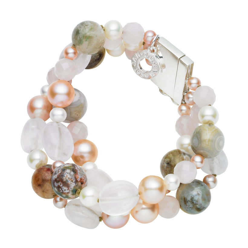 STERLING SILVER, PEARL, ROSE QUARTZ & JASPER PRETTY IN PINK BRACELET