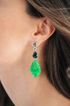 18CT GREEN TURQUOISE, AQUAMARINE, GREEN AMETHYST & LONDON BLUE TOPAZ SAMOS EARRINGS