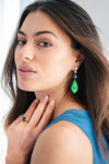 18CT GREEN TURQUOISE, AQUAMARINE, GREEN AMETHYST & LONDON BLUE TOPAZ SAMOS EARRINGS