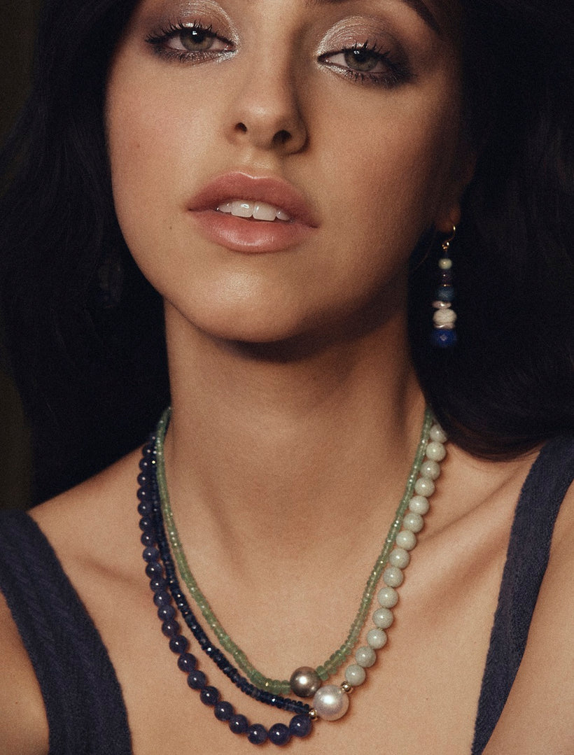 9CT SOUTH SEA PEARL, JADE & TANZANITE ELTON NECKLACE