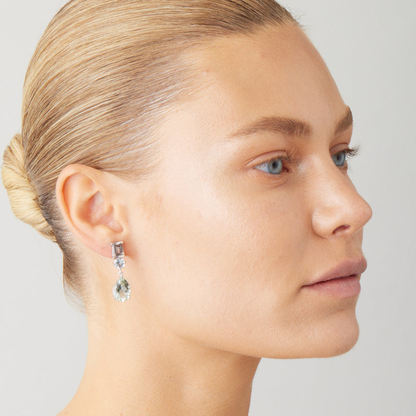 18CT PINK MORGANITE, AQUAMARINE & GREEN AMETHYST KAPUTAR EARRINGS