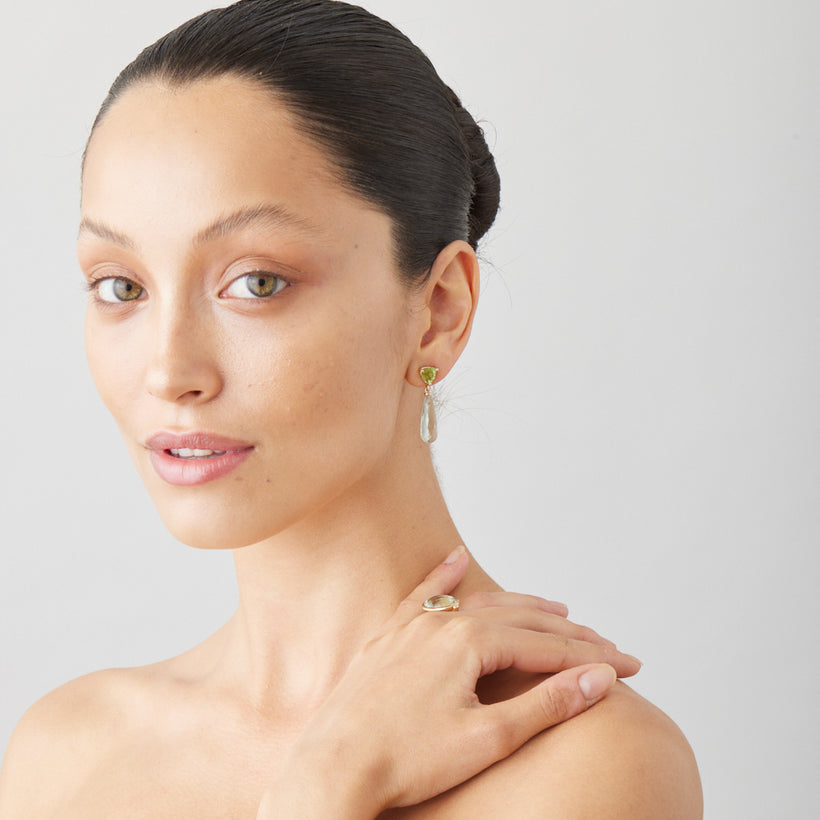 9CT PERIDOT & GREEN AMETHYST VIRAGO EARRINGS
