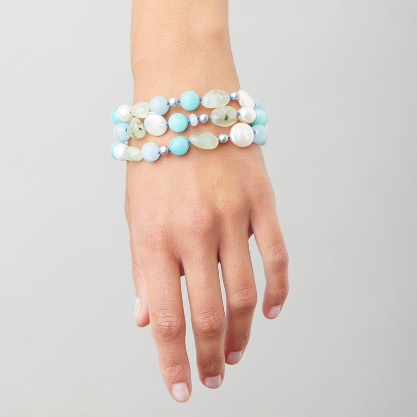 WHITE HAVEN  AQUAMARINE, AMAZONITE, PREHNITE & PEARL 3 ROW BRACELET