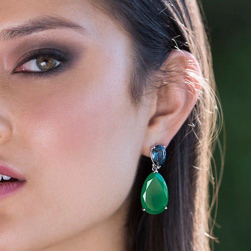 18CT WHITE GOLD LONDON BLUE TOPAZ & GREEN AGATE VIVID EARRINGS