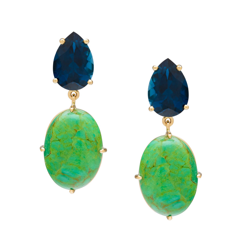 18CT GREEN TURQUOISE & LONDON BLUE TOPAZ SAMOS EARRINGS (LIMITED EDITION)