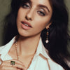 18CT SOUTH SEA PEARL, GARNET, PINK MORGANITE & LONDON BLUE TOPAZ MARVIN EARRINGS