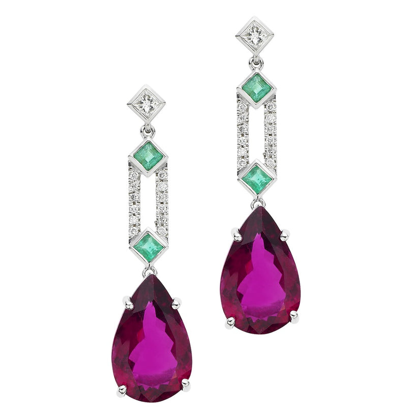 18CT RUBELITE, EMERALD & DIAMOND DROP STUD EARRINGS