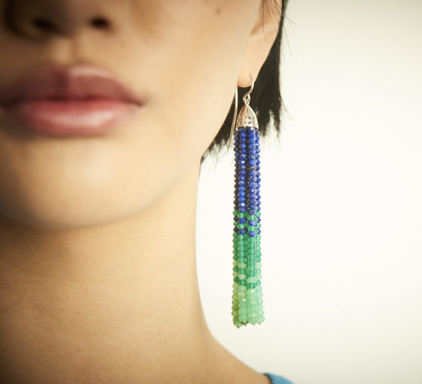 STERLING SILVER LAPIS, GREEN AGATE & CHRYSOPRASE WILLOW TREE EARRINGS