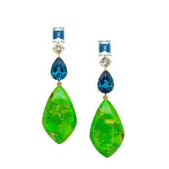 18CT GREEN TURQUOISE, AQUAMARINE, GREEN AMETHYST & LONDON BLUE TOPAZ SAMOS EARRINGS (LIMITED EDITION)