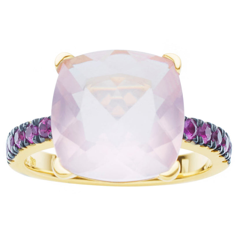 18CT ROSE QUARTZ & RUBY TIVOLI RING